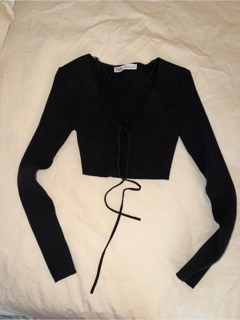 Zara Black Ribbed Tie-Front Cropped Cardigan